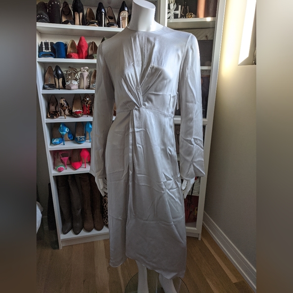 VINCE Celeste Twist-Front Long-Sleeve Silk Midi Dress - Picture 11 of 12